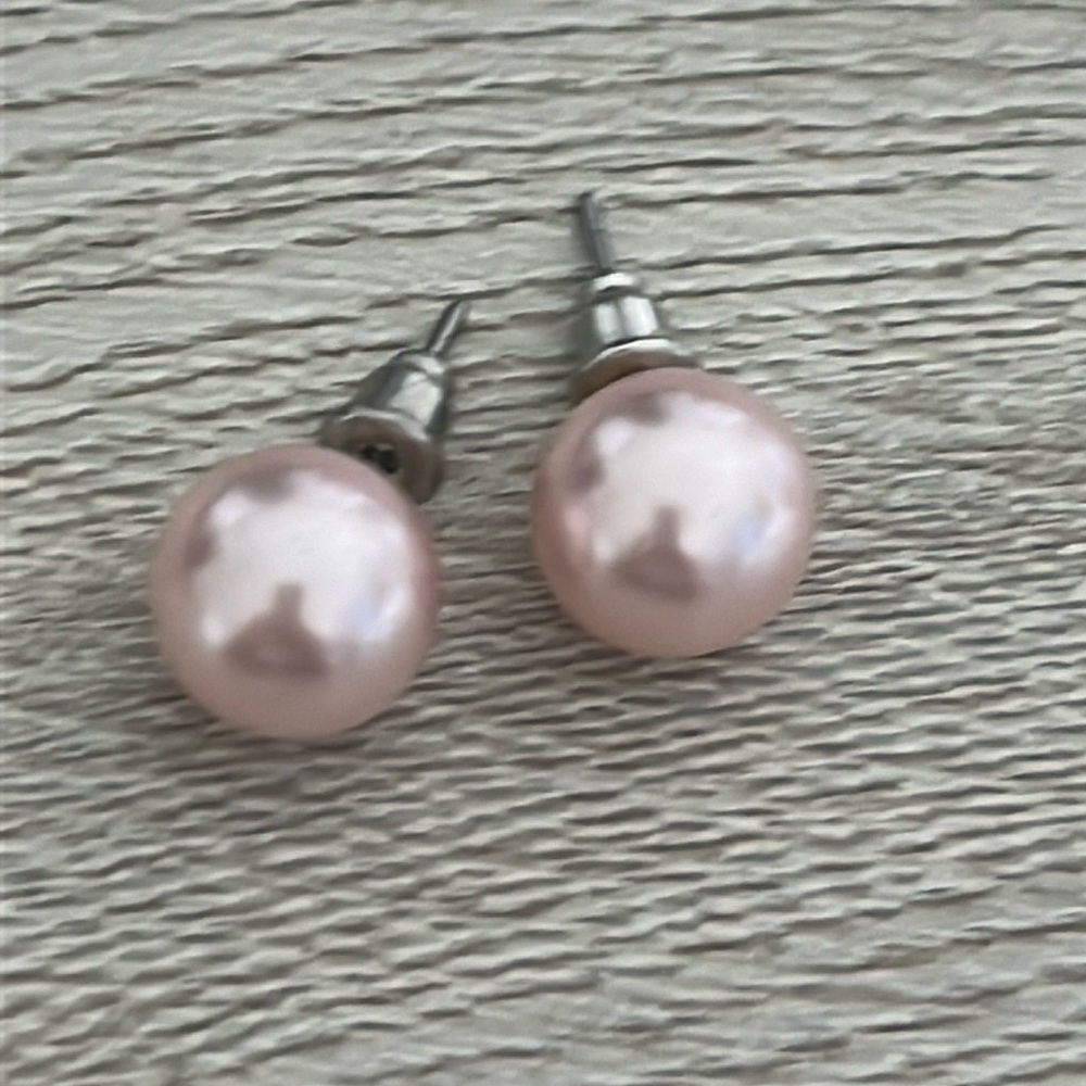 Pink Faux Pearl Stud Earrings - Picture 2 of 4